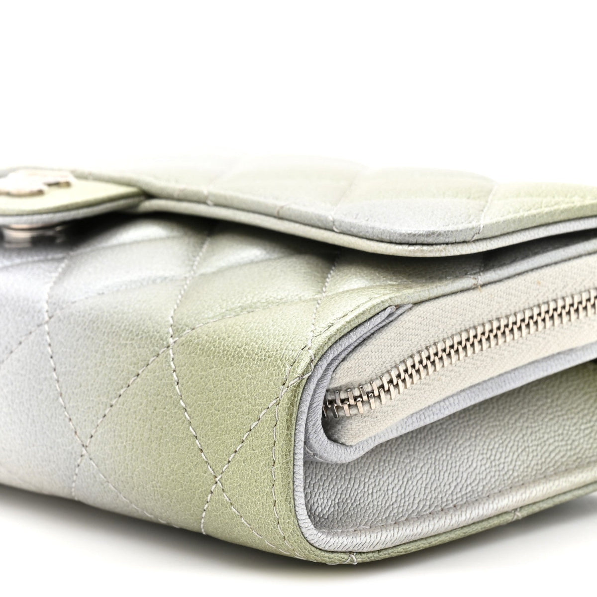 Metallic Goatskin Quilted Ombre Phone Holder Wallet on Removable Chain Grey Green