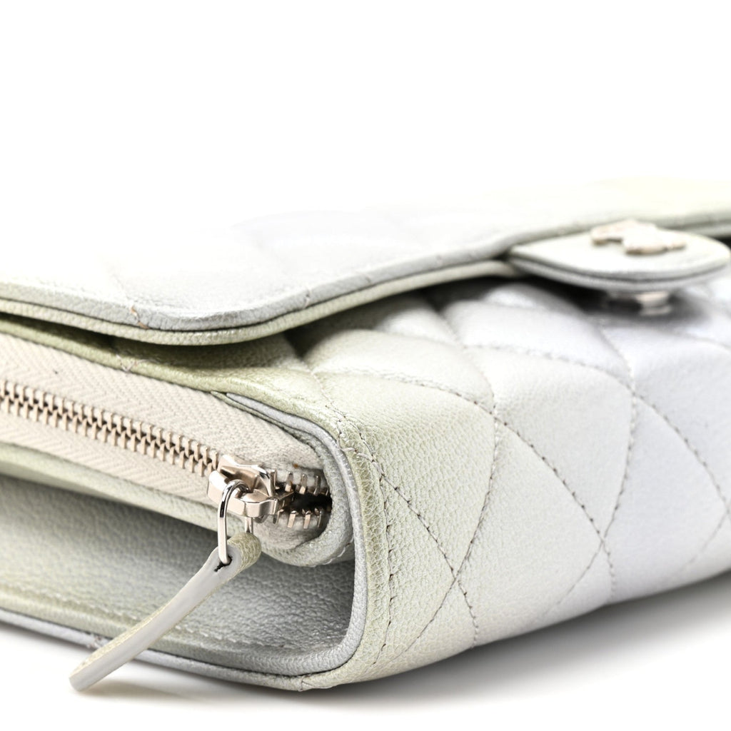 Metallic Goatskin Quilted Ombre Phone Holder Wallet on Removable Chain Grey Green