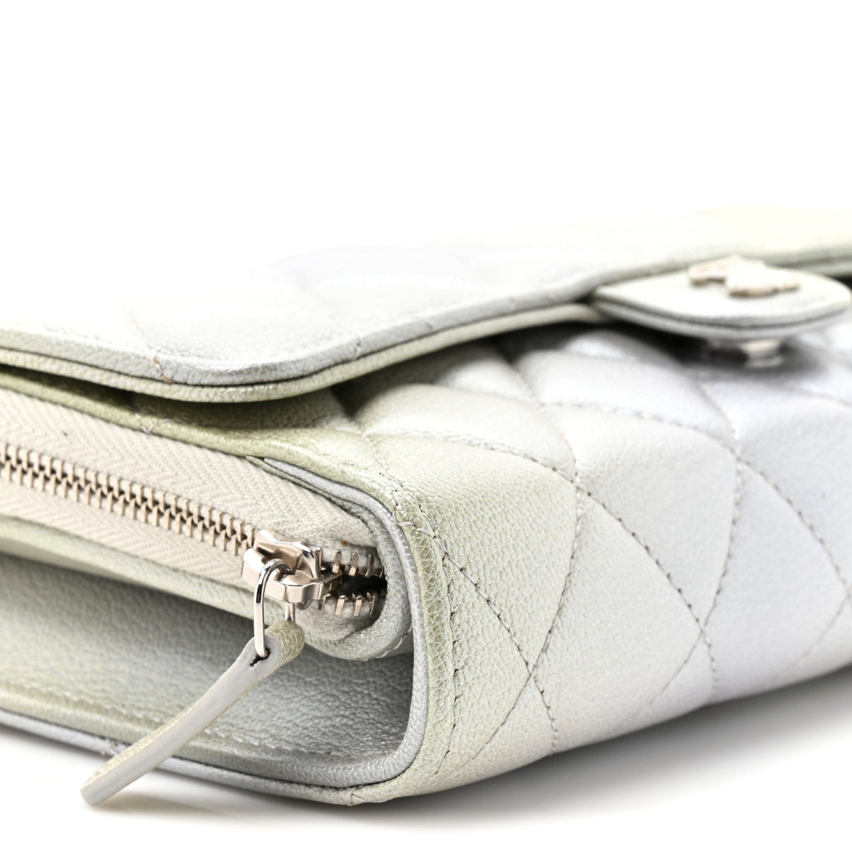 Metallic Goatskin Quilted Ombre Phone Holder Wallet on Removable Chain Grey Green