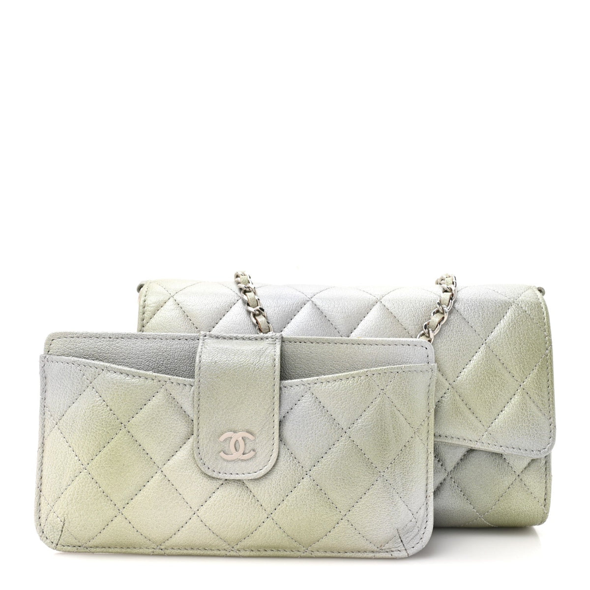 Metallic Goatskin Quilted Ombre Phone Holder Wallet on Removable Chain Grey Green
