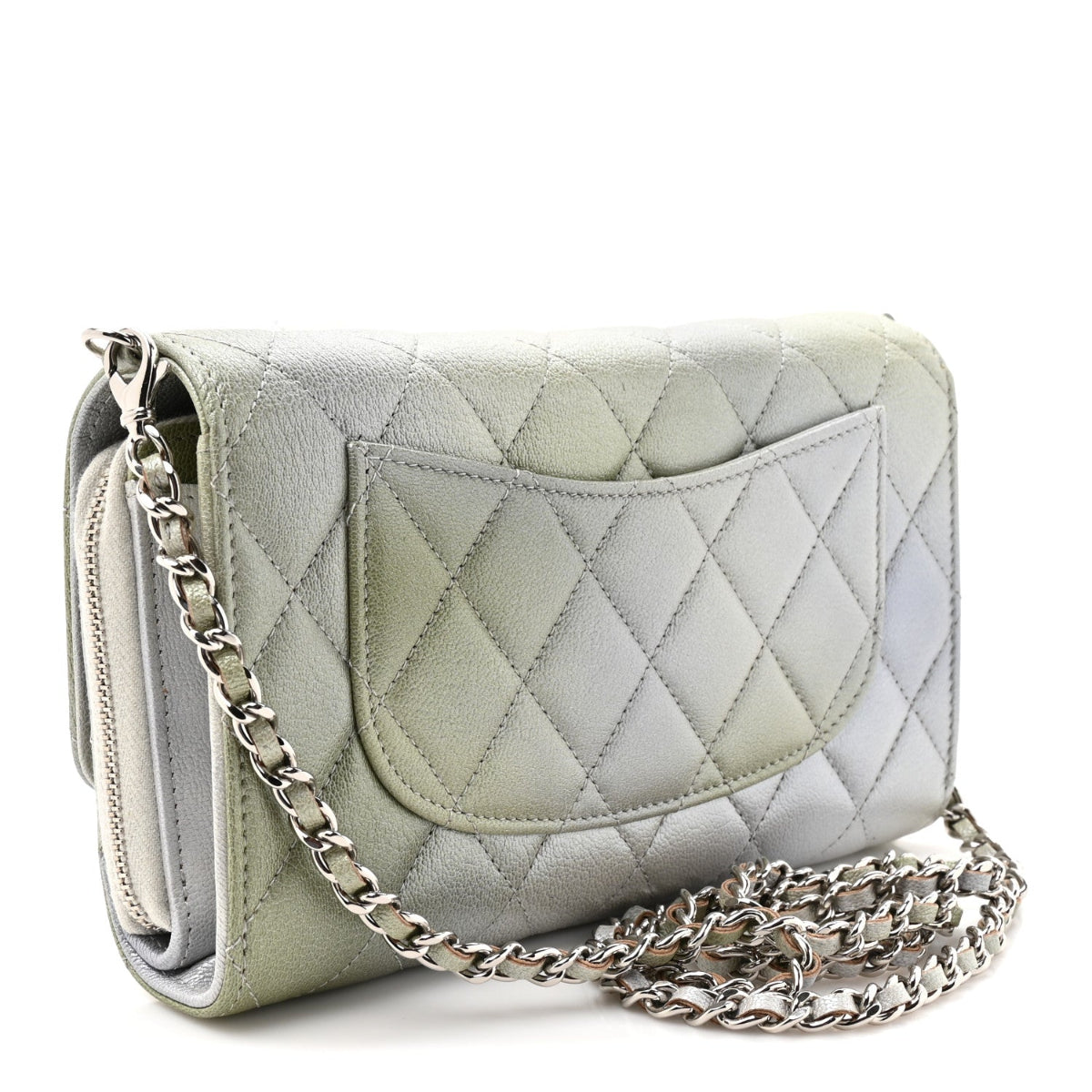 Metallic Goatskin Quilted Ombre Phone Holder Wallet on Removable Chain Grey Green