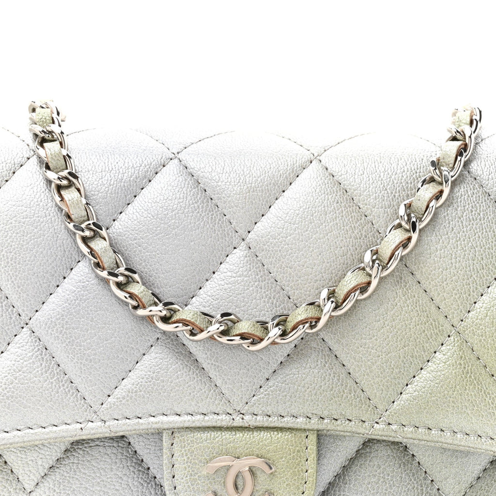 Metallic Goatskin Quilted Ombre Phone Holder Wallet on Removable Chain Grey Green