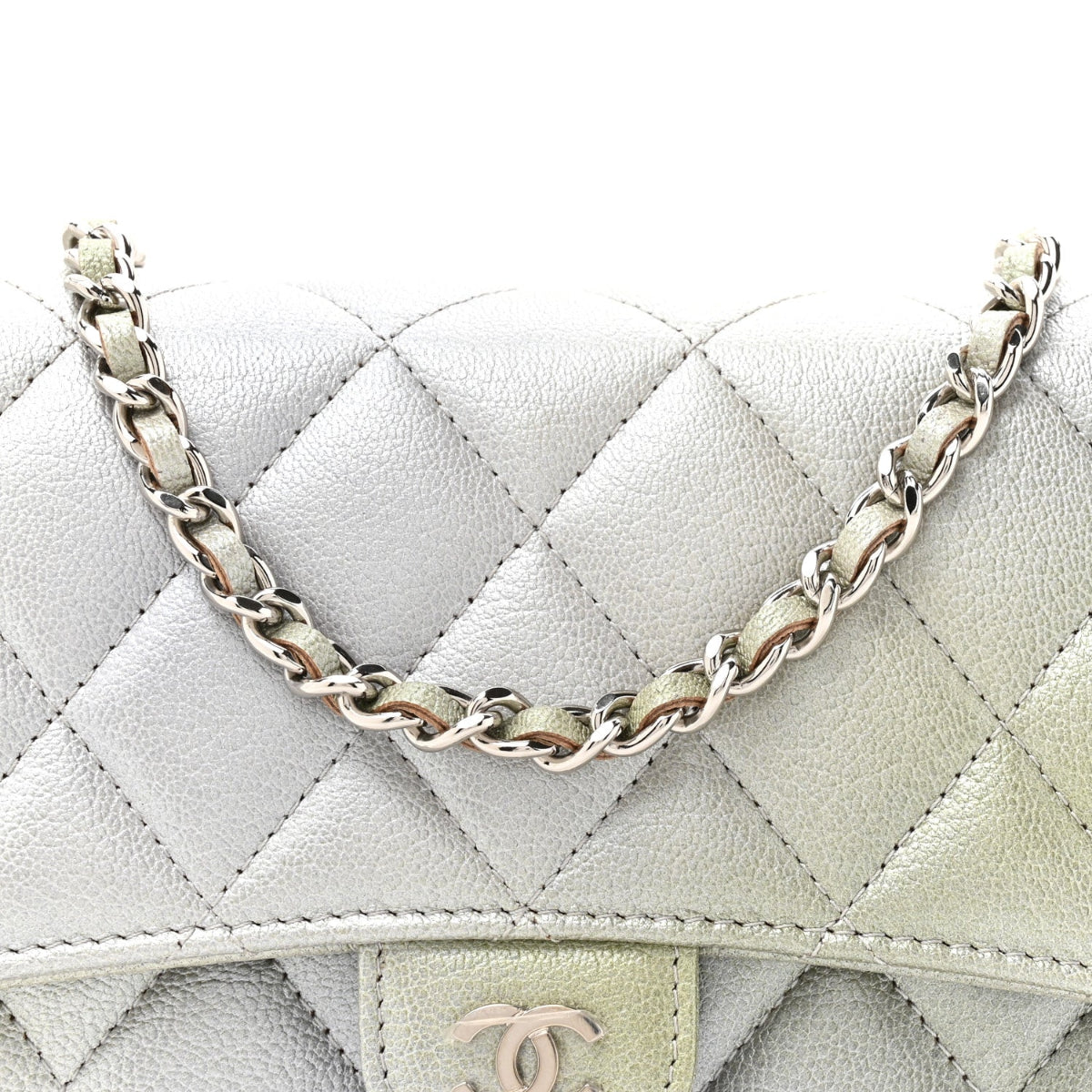Metallic Goatskin Quilted Ombre Phone Holder Wallet on Removable Chain Grey Green