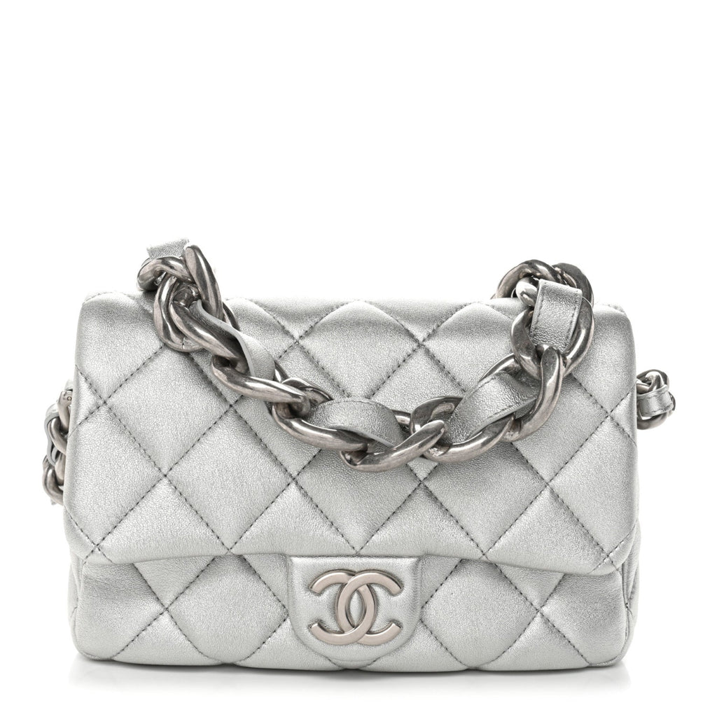 Metallic Lambskin Lacquered Quilted Small Flap Silver