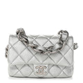 Metallic Lambskin Lacquered Quilted Small Flap Silver