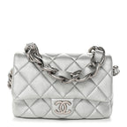Metallic Lambskin Lacquered Quilted Small Flap Silver