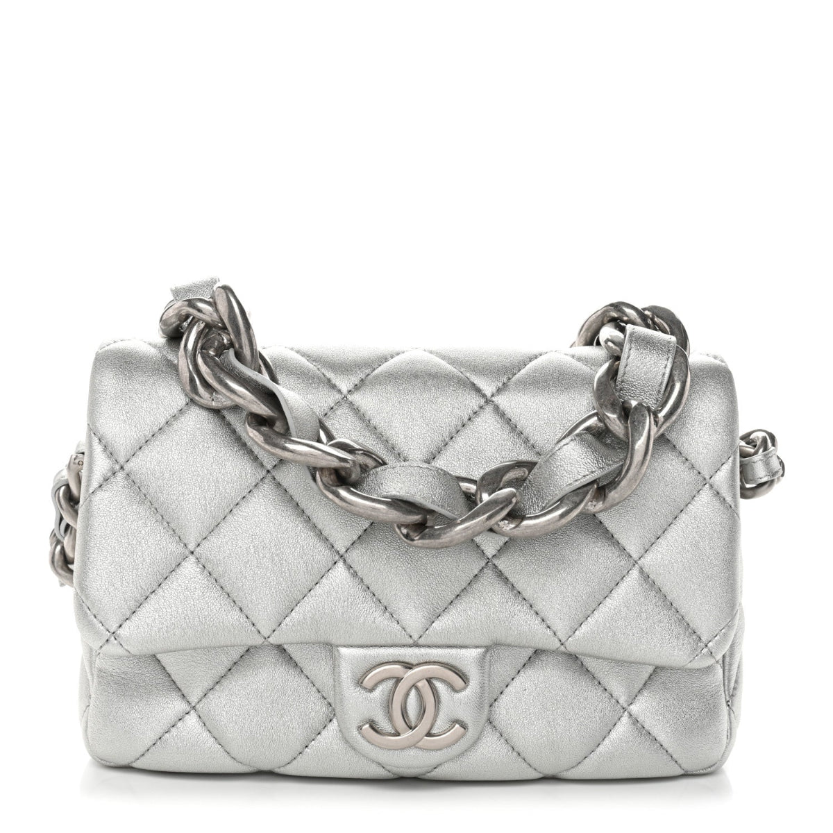 Metallic Lambskin Lacquered Quilted Small Flap Silver