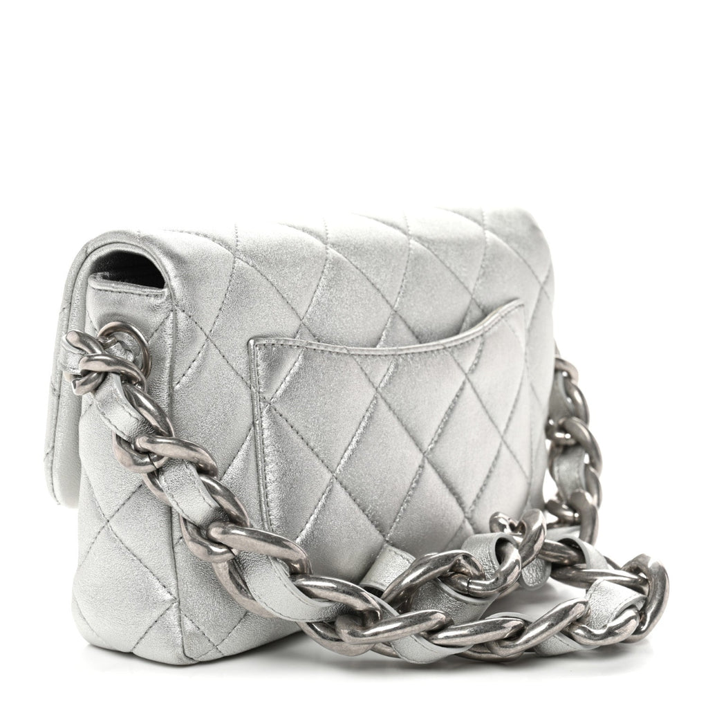 Metallic Lambskin Lacquered Quilted Small Flap Silver