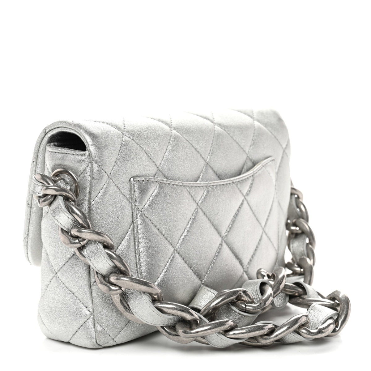 Metallic Lambskin Lacquered Quilted Small Flap Silver