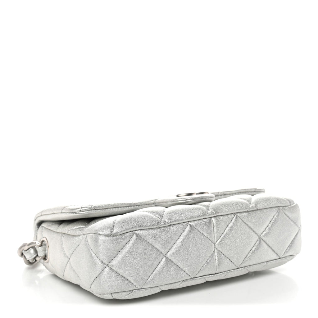Metallic Lambskin Lacquered Quilted Small Flap Silver
