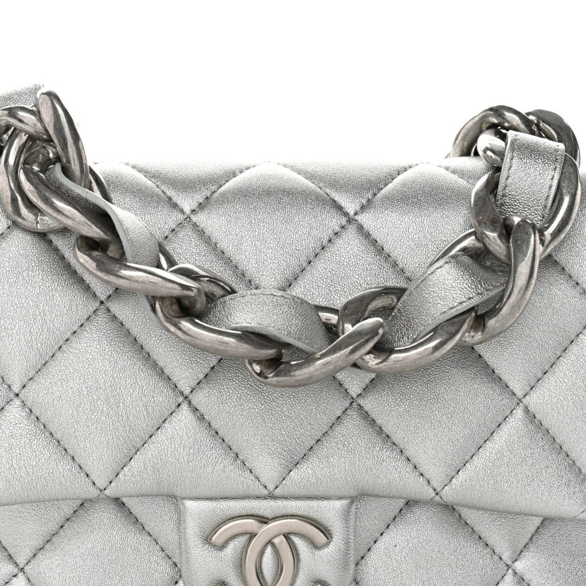 Metallic Lambskin Lacquered Quilted Small Flap Silver