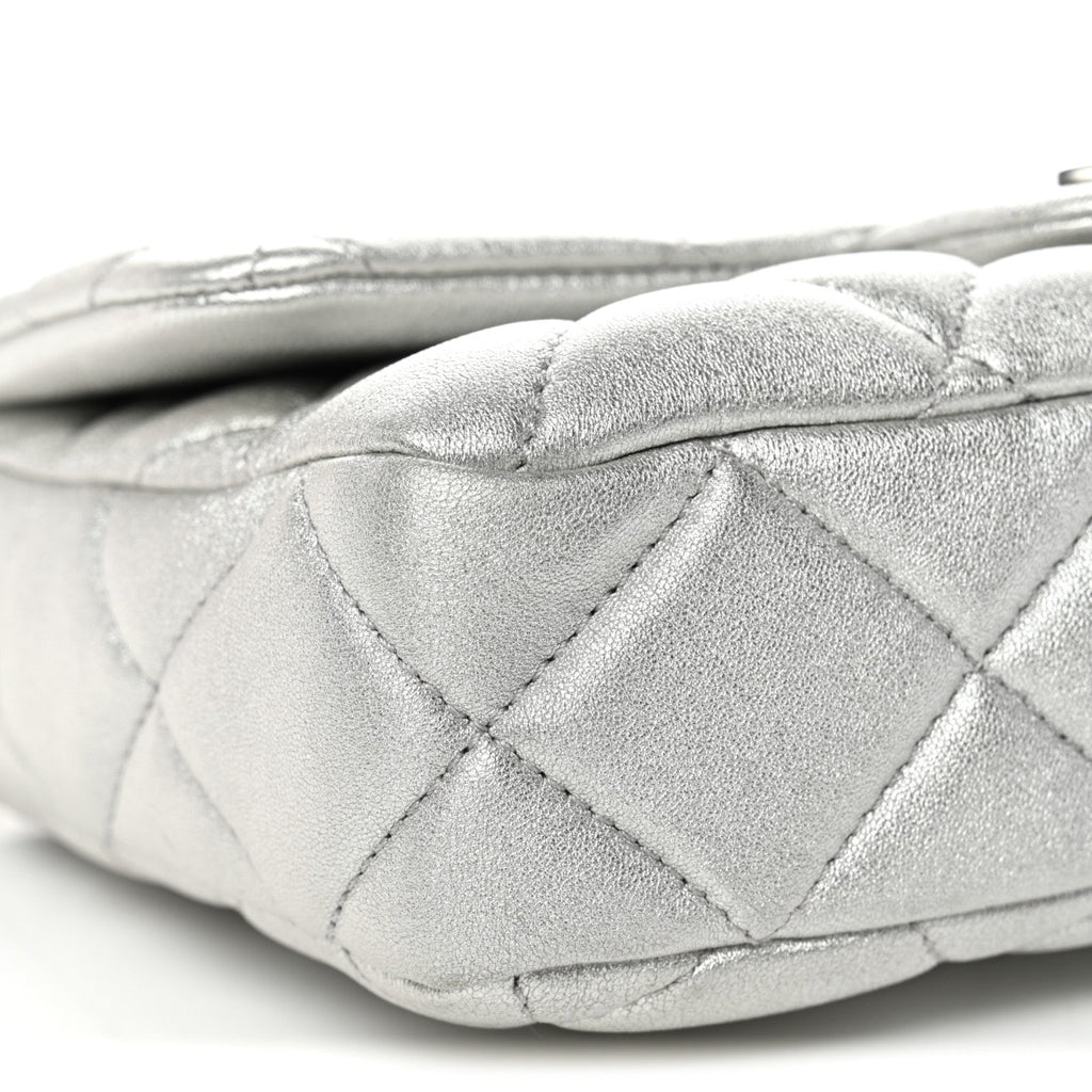 Metallic Lambskin Lacquered Quilted Small Flap Silver