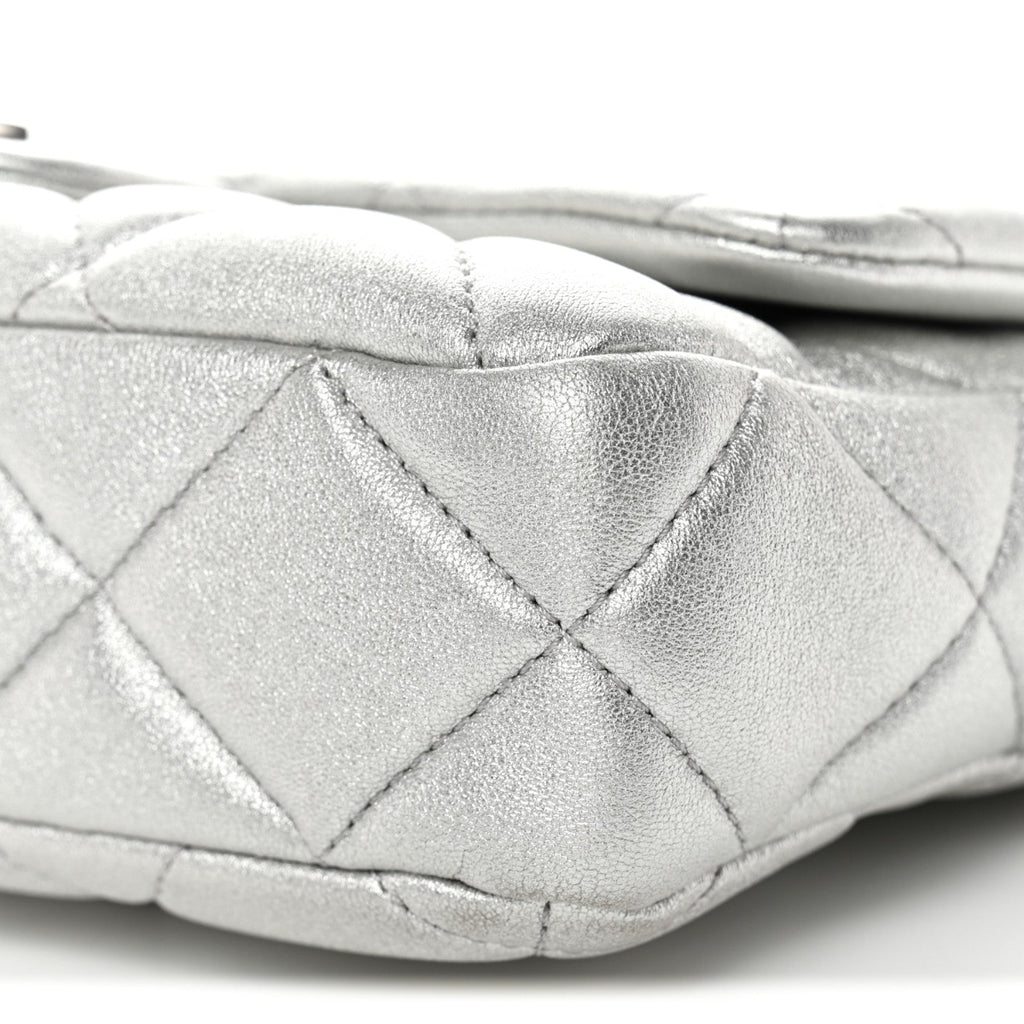 Metallic Lambskin Lacquered Quilted Small Flap Silver