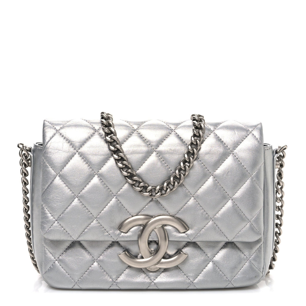 Metallic Lambskin Quilted Mini Maxi CC Flap Argent