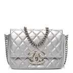 Metallic Lambskin Quilted Mini Maxi CC Flap Argent