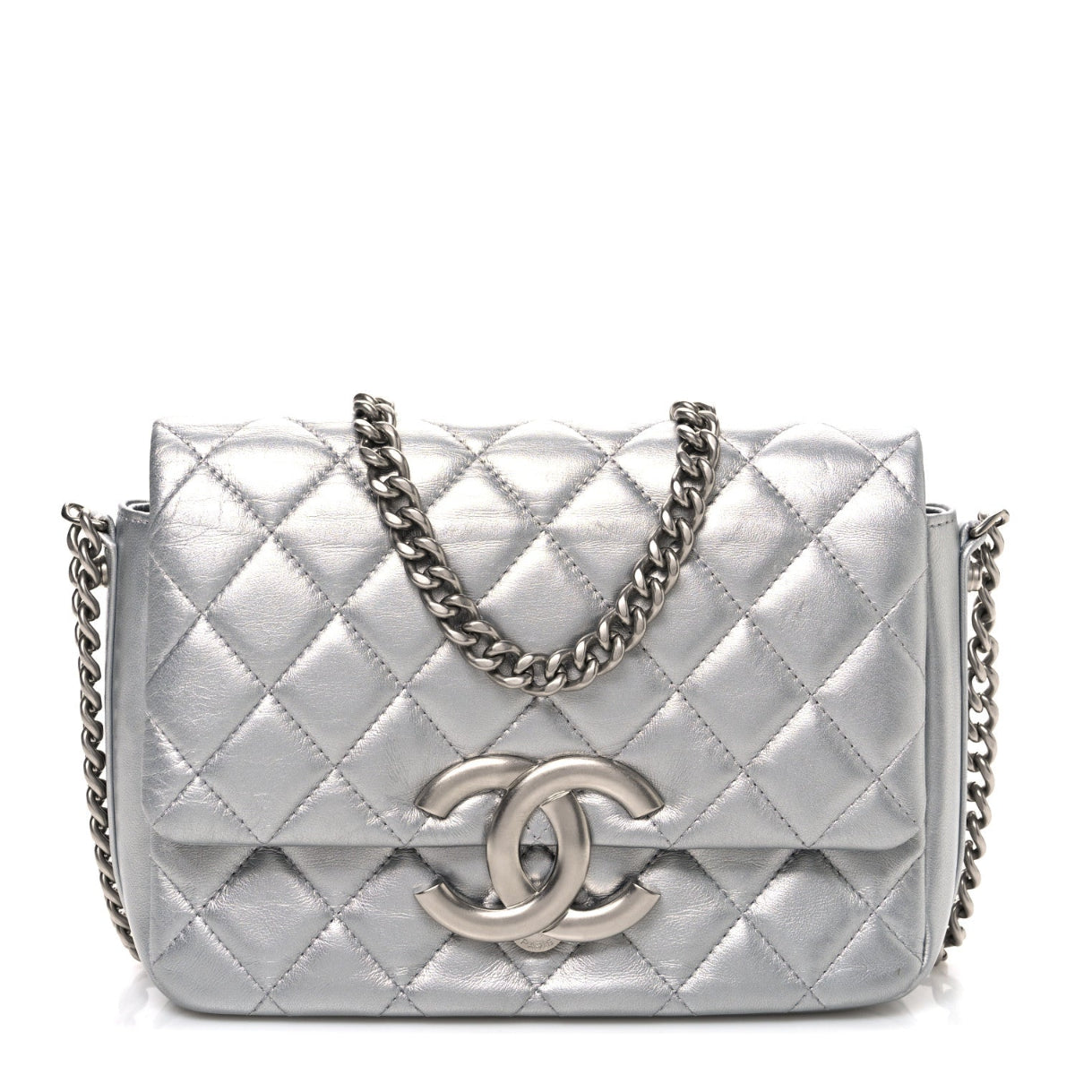 Metallic Lambskin Quilted Mini Maxi CC Flap Argent