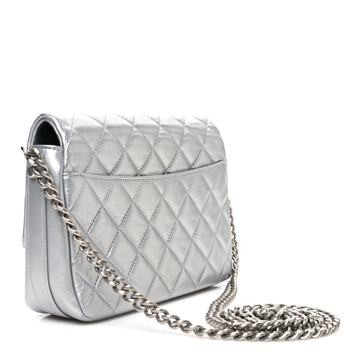 Metallic Lambskin Quilted Mini Maxi CC Flap Argent