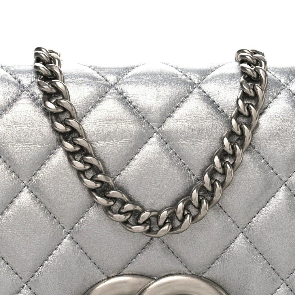 Metallic Lambskin Quilted Mini Maxi CC Flap Argent