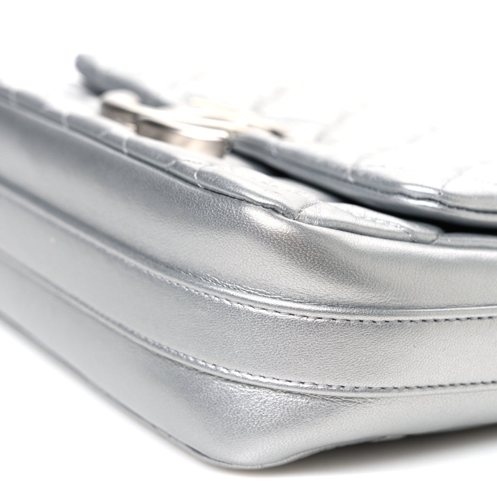 Metallic Lambskin Quilted Mini Maxi CC Flap Argent