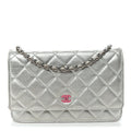 Metallic Lambskin Quilted Wallet On Chain WOC Silver