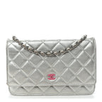 Metallic Lambskin Quilted Wallet On Chain WOC Silver