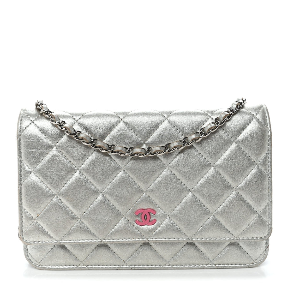 Metallic Lambskin Quilted Wallet On Chain WOC Silver