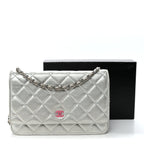 Metallic Lambskin Quilted Wallet On Chain WOC Silver