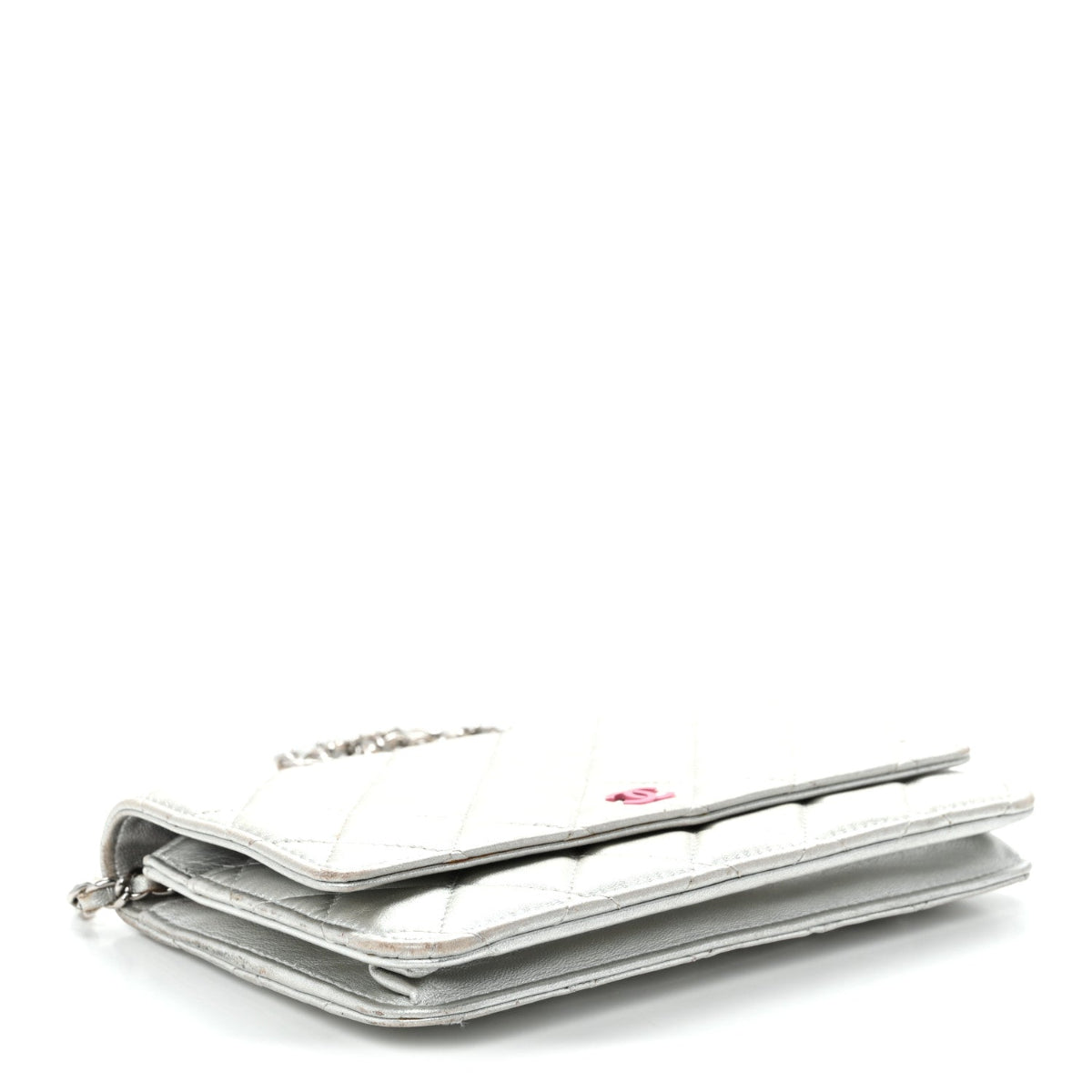 Metallic Lambskin Quilted Wallet On Chain WOC Silver
