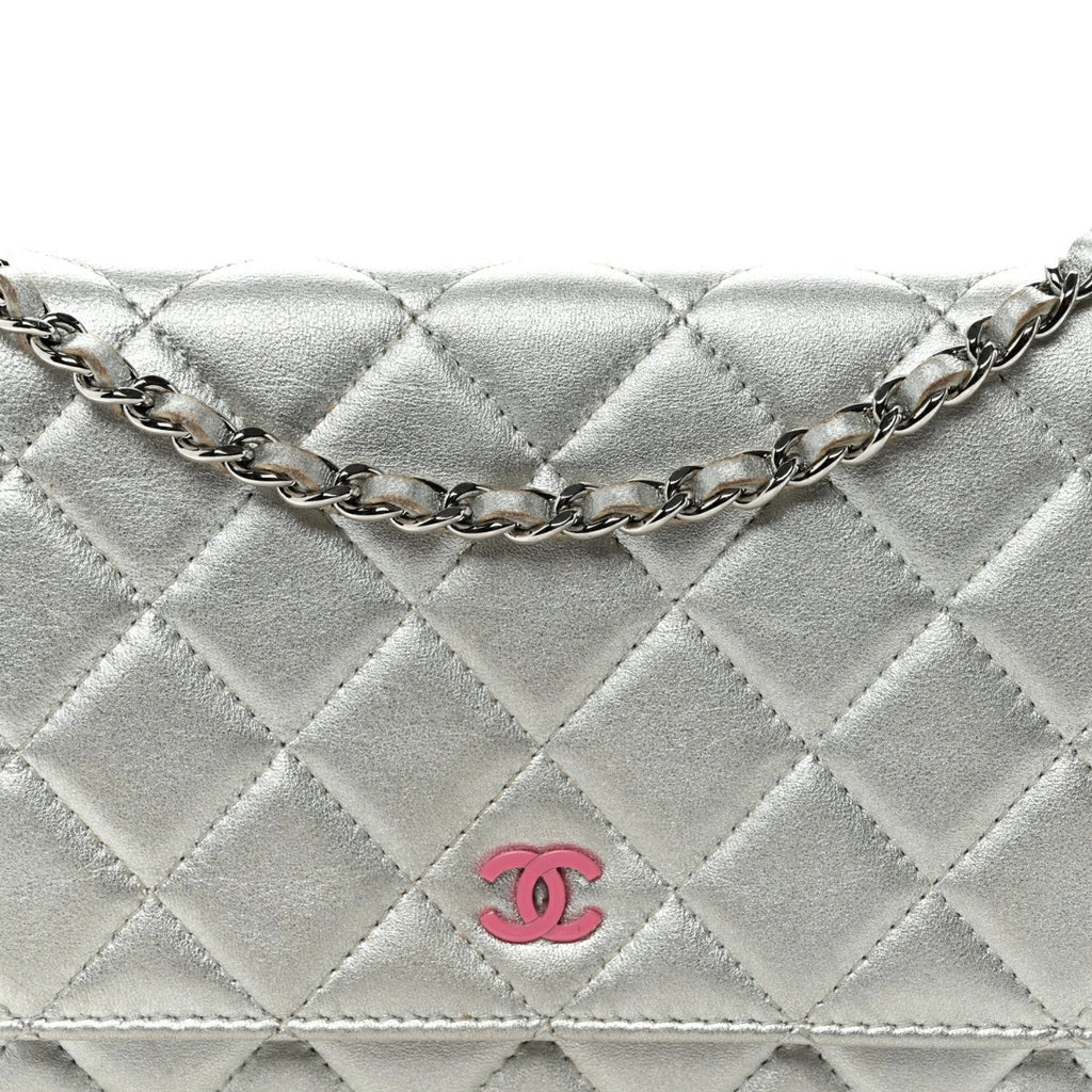 Metallic Lambskin Quilted Wallet On Chain WOC Silver