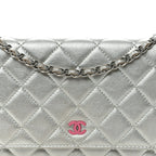 Metallic Lambskin Quilted Wallet On Chain WOC Silver