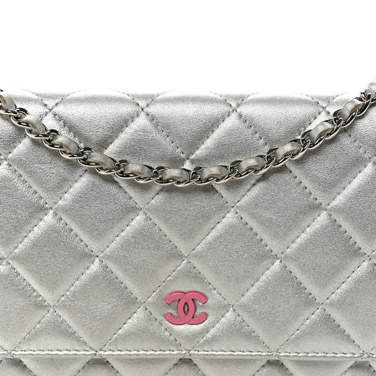 Metallic Lambskin Quilted Wallet On Chain WOC Silver