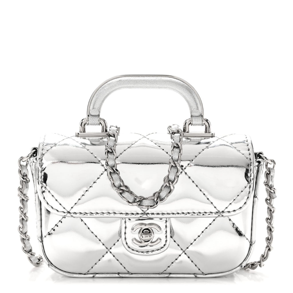 Mirror Calfskin Small Top Handle Clutch With Chain Silver