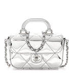 Mirror Calfskin Small Top Handle Clutch With Chain Silver