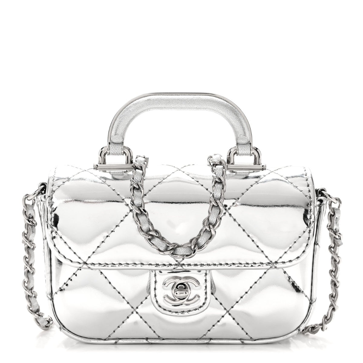 Mirror Calfskin Small Top Handle Clutch With Chain Silver