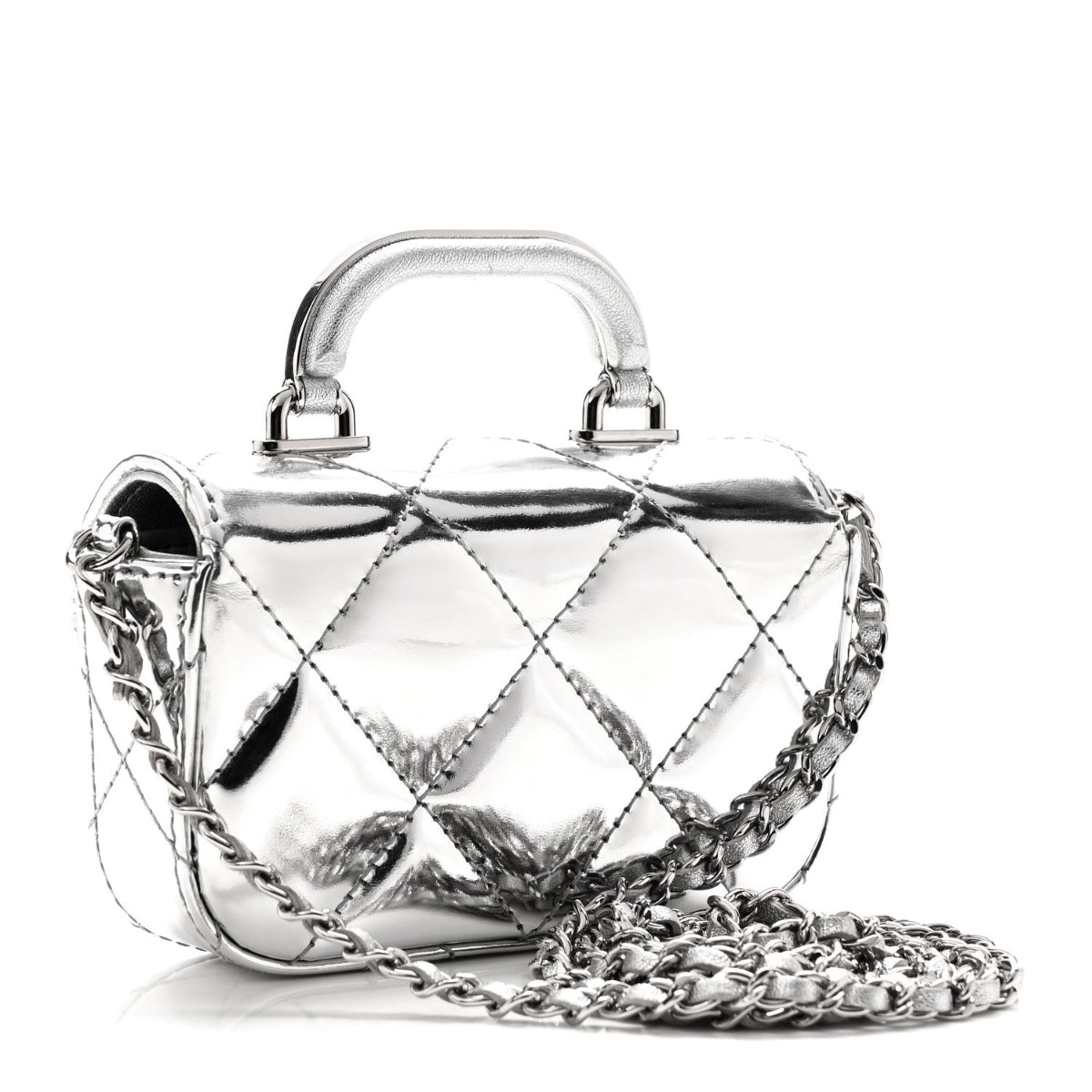 Mirror Calfskin Small Top Handle Clutch With Chain Silver