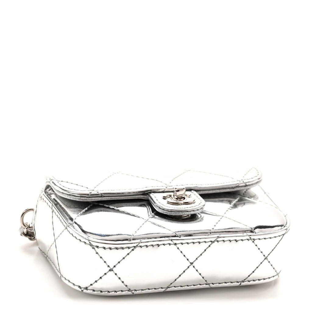 Mirror Calfskin Small Top Handle Clutch With Chain Silver