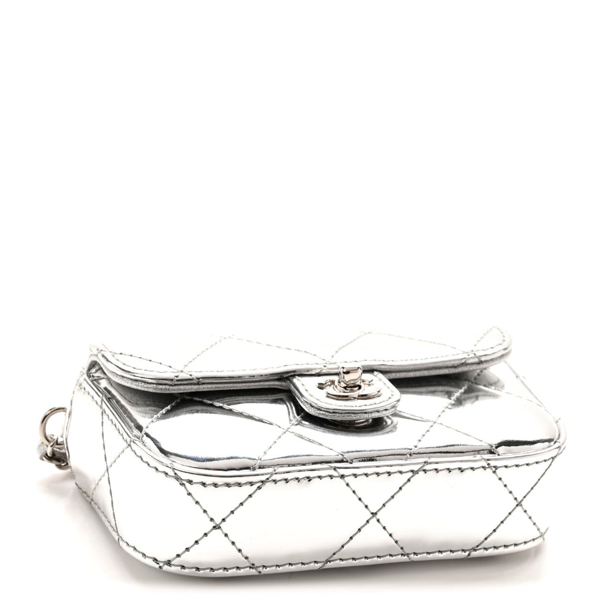 Mirror Calfskin Small Top Handle Clutch With Chain Silver