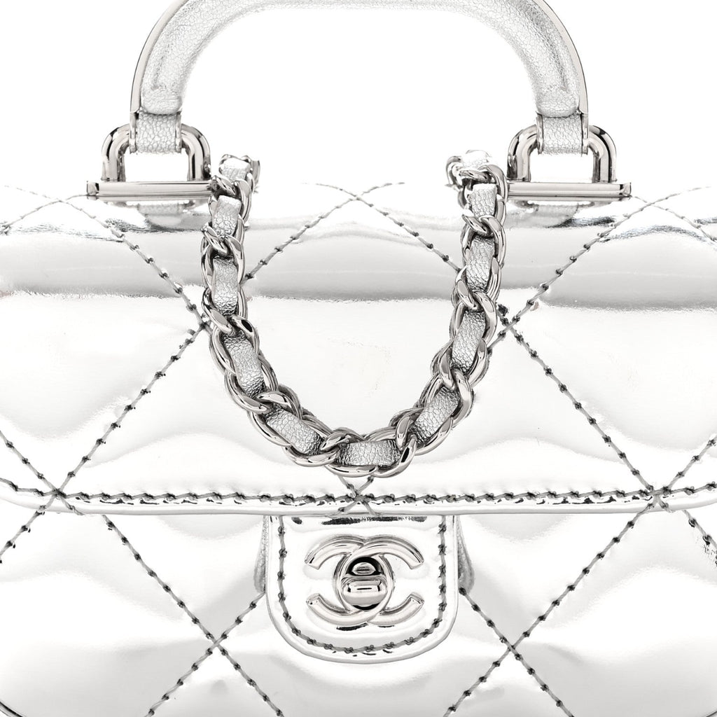 Mirror Calfskin Small Top Handle Clutch With Chain Silver