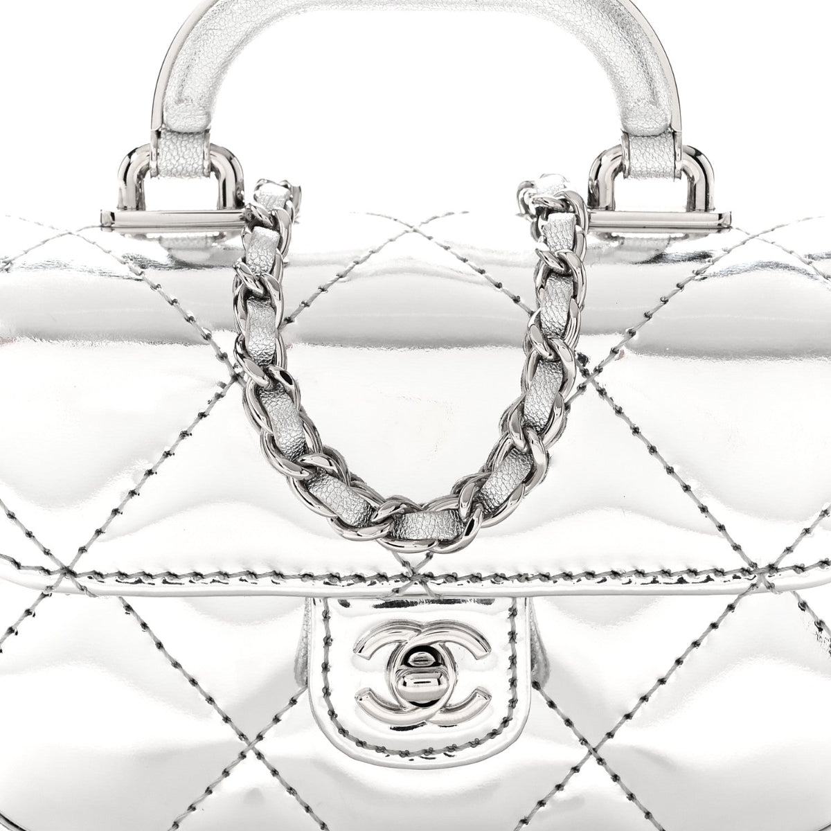 Mirror Calfskin Small Top Handle Clutch With Chain Silver