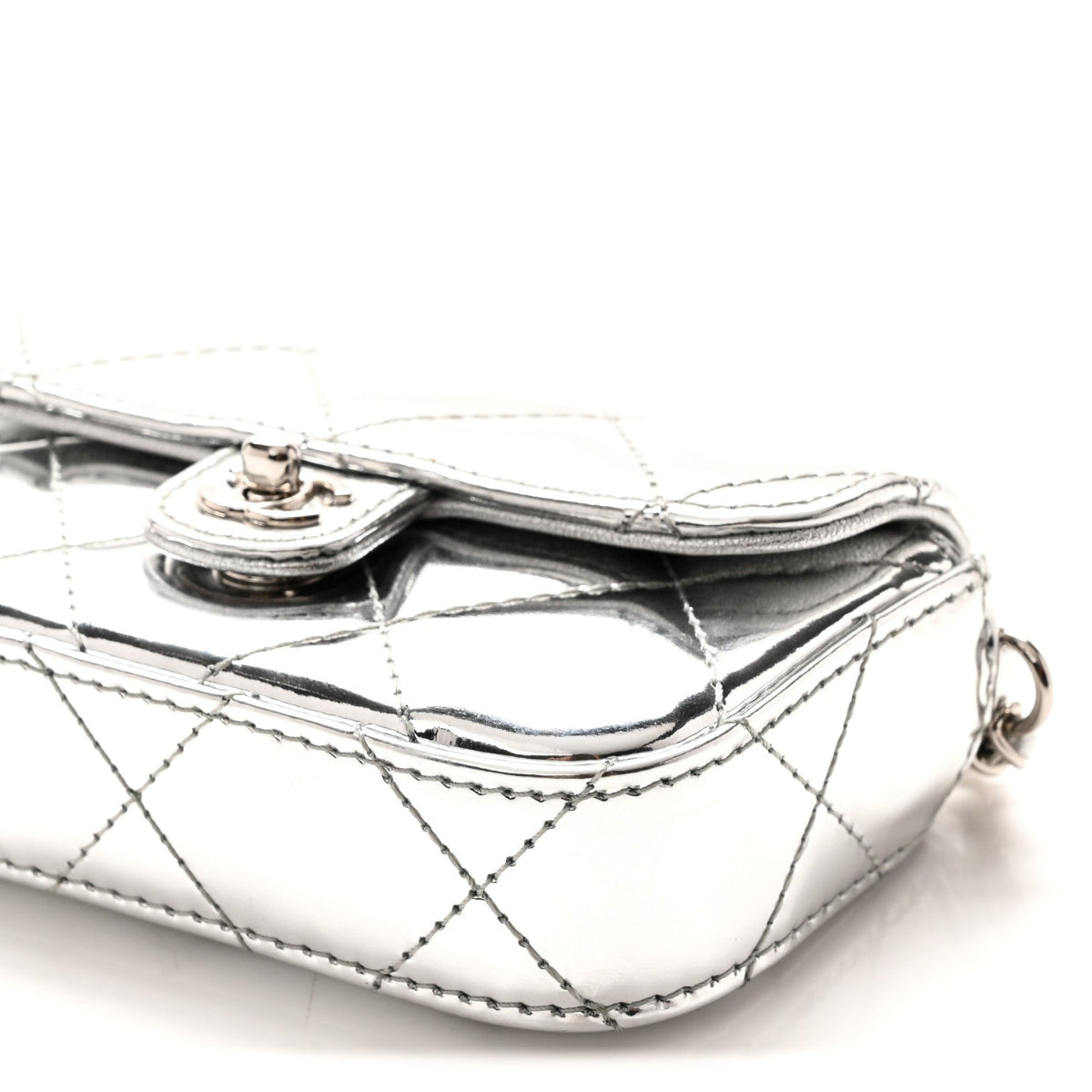 Mirror Calfskin Small Top Handle Clutch With Chain Silver