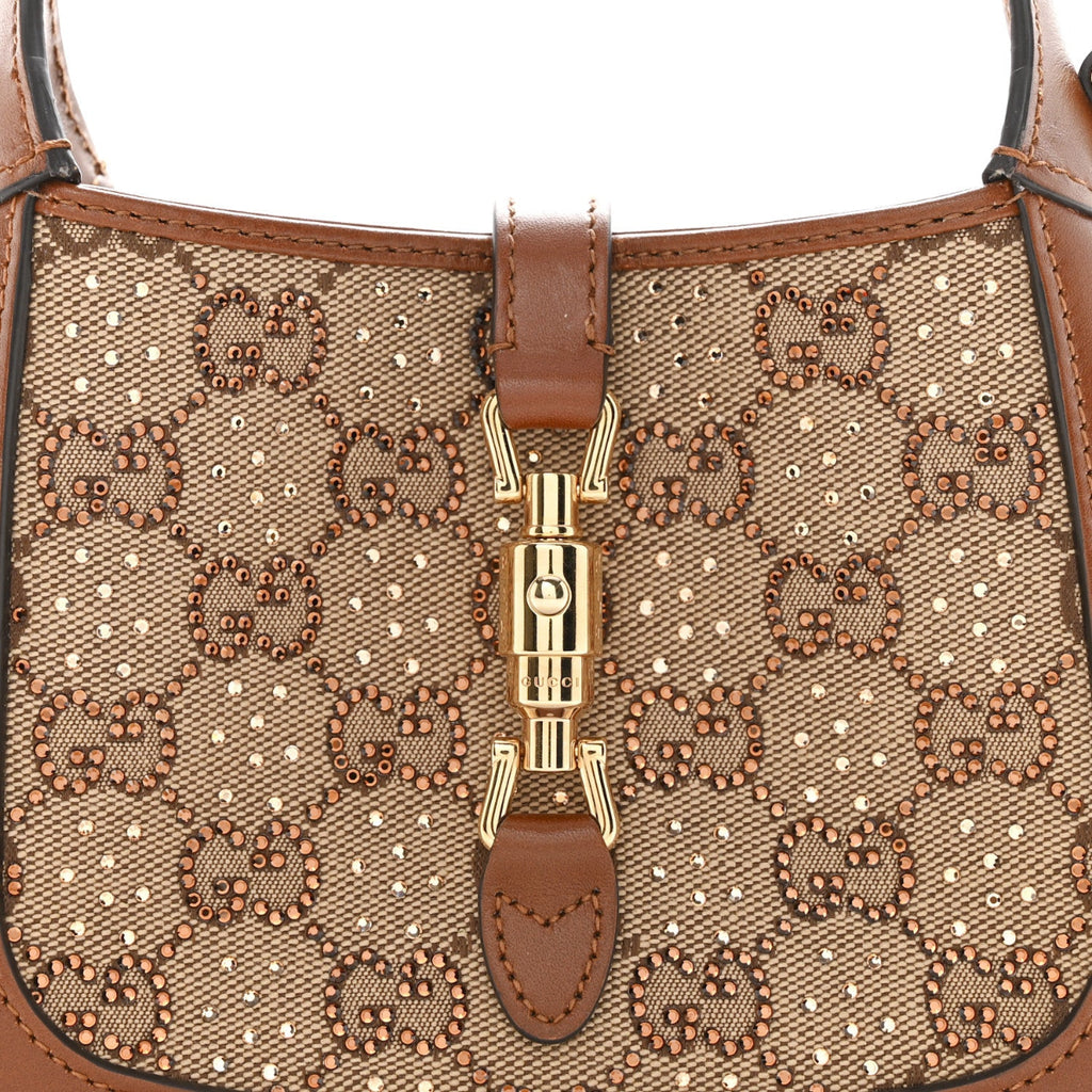 New Canvas Charisma Calfskin Crystal GG Monogram Mini Jackie 1961 Hobo Camel Ebony