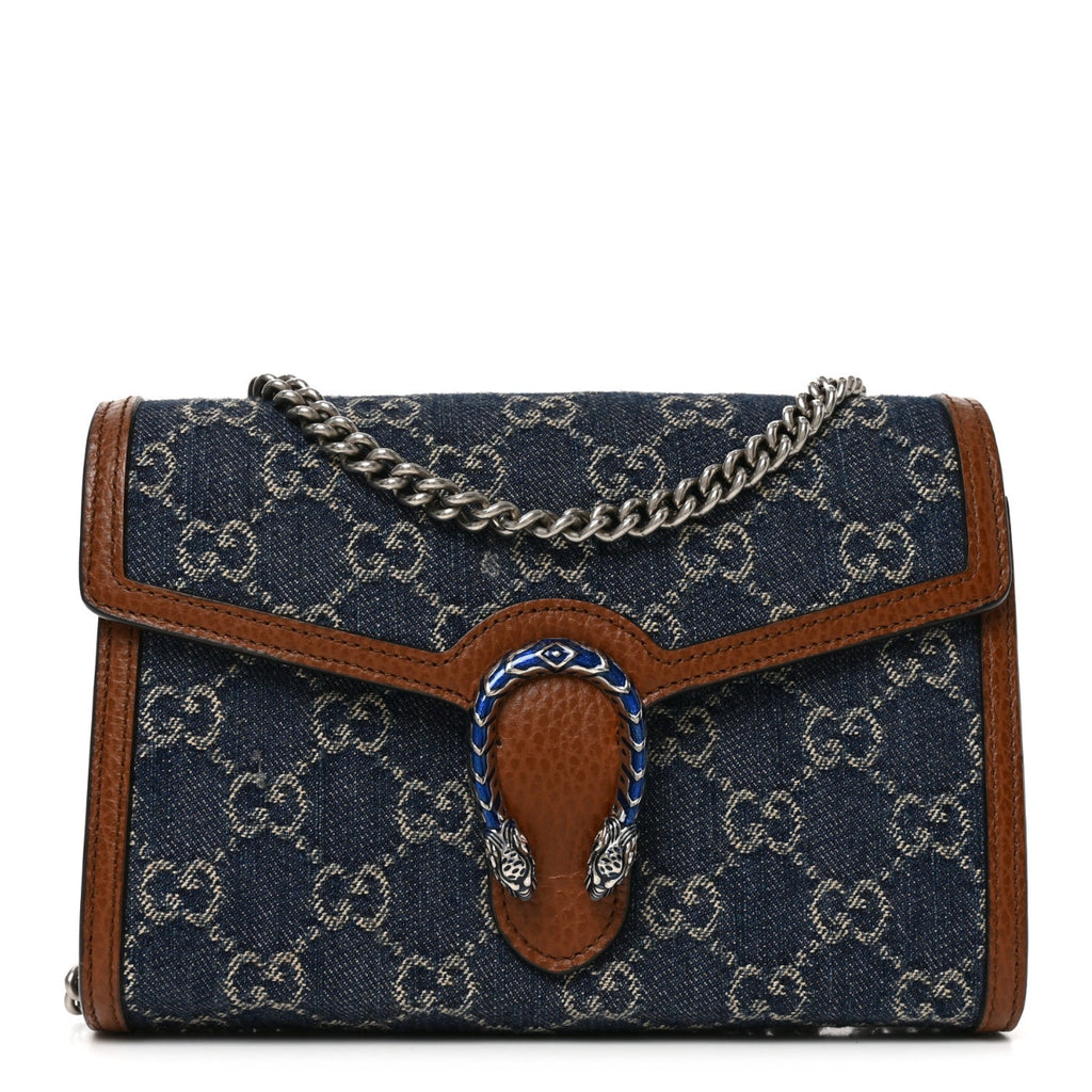 New Denim GG Monogram Dollar Calfskin Enamel Mini Dionysus Chain Wallet Blue Tea Cuir Epilog Electric Blue