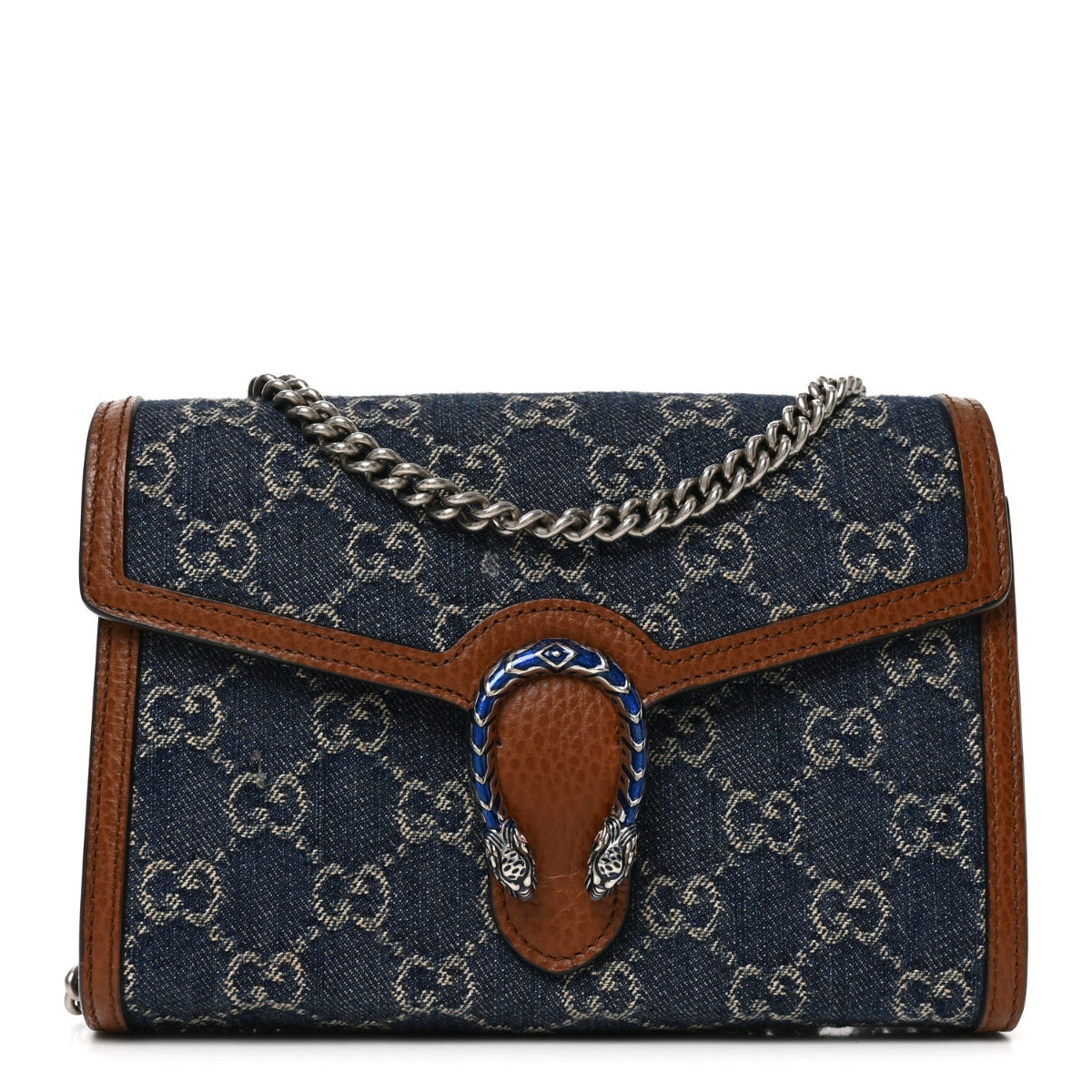New Denim GG Monogram Dollar Calfskin Enamel Mini Dionysus Chain Wallet Blue Tea Cuir Epilog Electric Blue