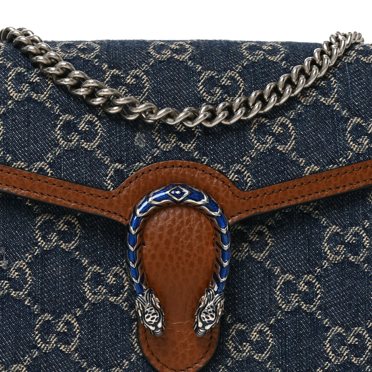 New Denim GG Monogram Dollar Calfskin Enamel Mini Dionysus Chain Wallet Blue Tea Cuir Epilog Electric Blue