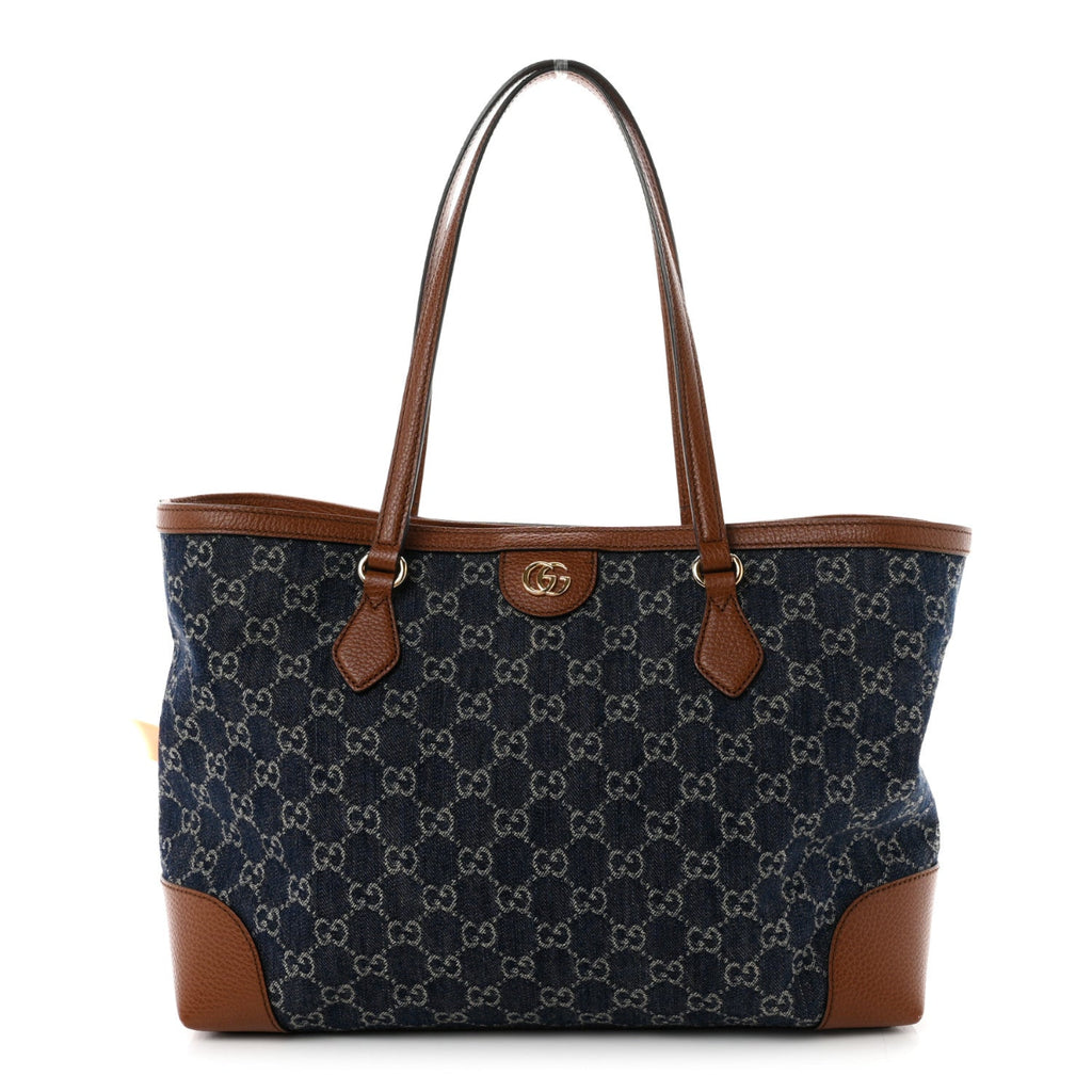 New Denim GG Monogram Medium Ophidia Shopping Tote Blue Tea Cuir