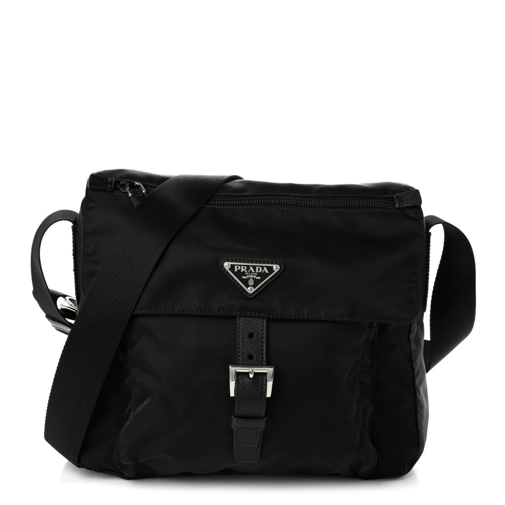 Nylon Vela Saffiano Single Buckle Messenger Shoulder Bag Black