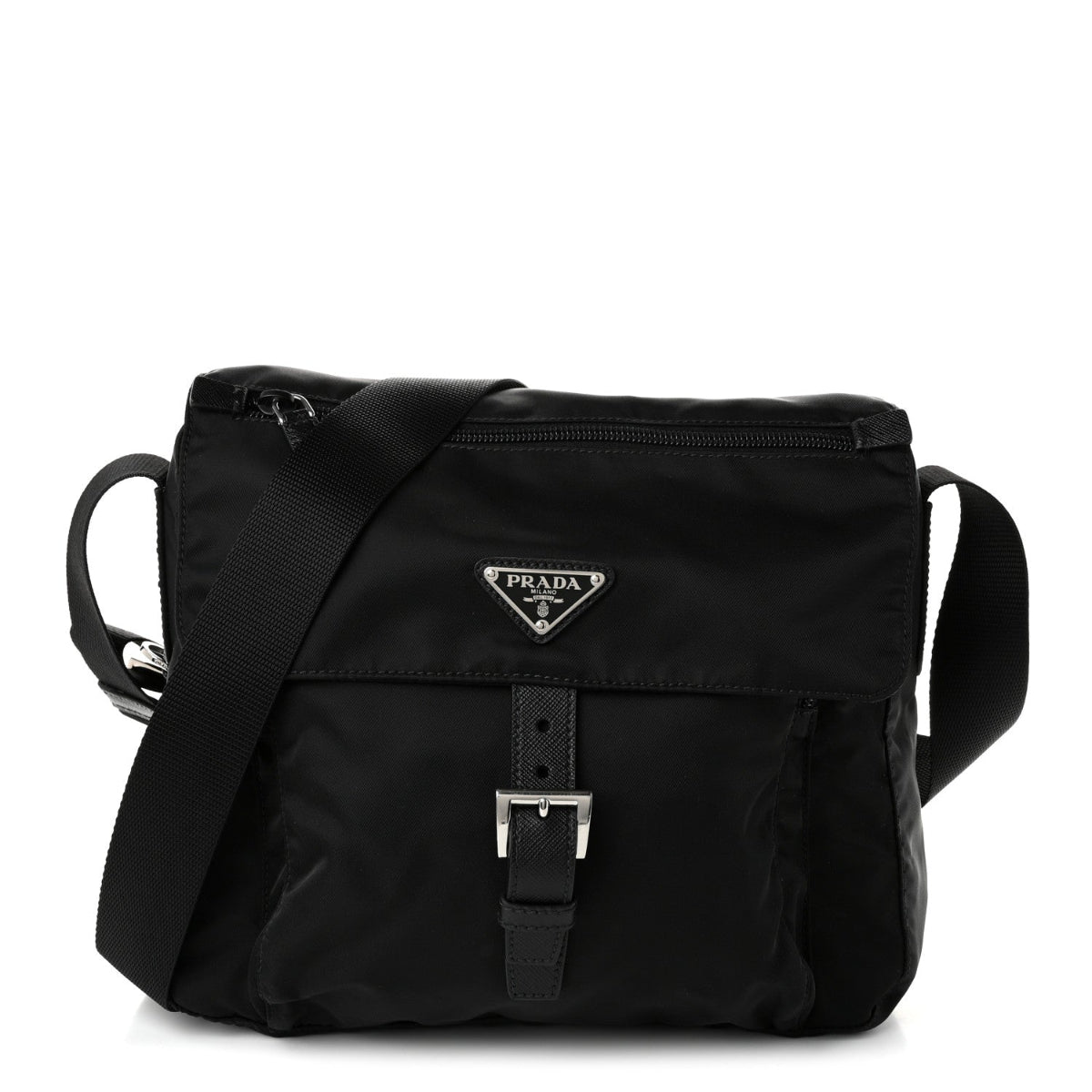 Nylon Vela Saffiano Single Buckle Messenger Shoulder Bag Black