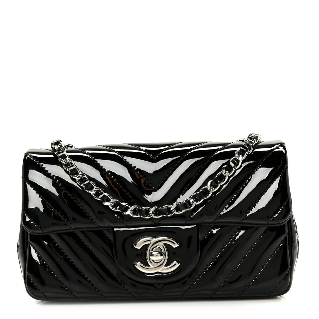 Patent Calfskin Chevron Quilted Extra Mini Flap Black