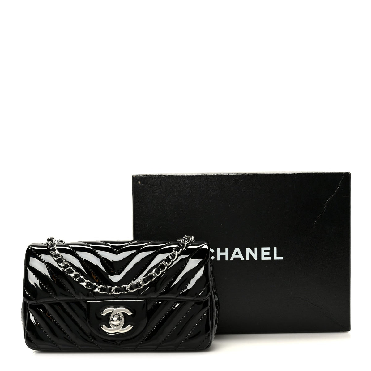 Patent Calfskin Chevron Quilted Extra Mini Flap Black