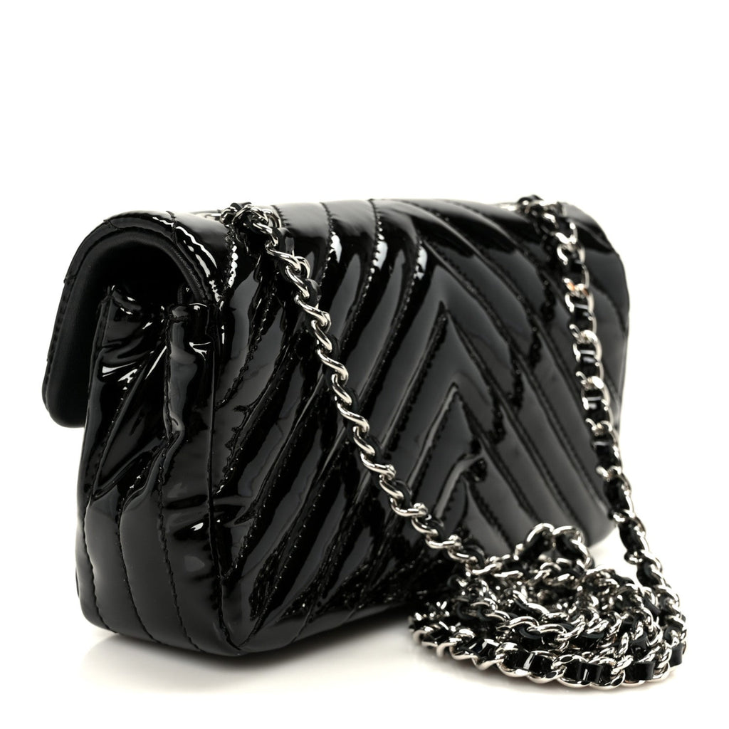 Patent Calfskin Chevron Quilted Extra Mini Flap Black